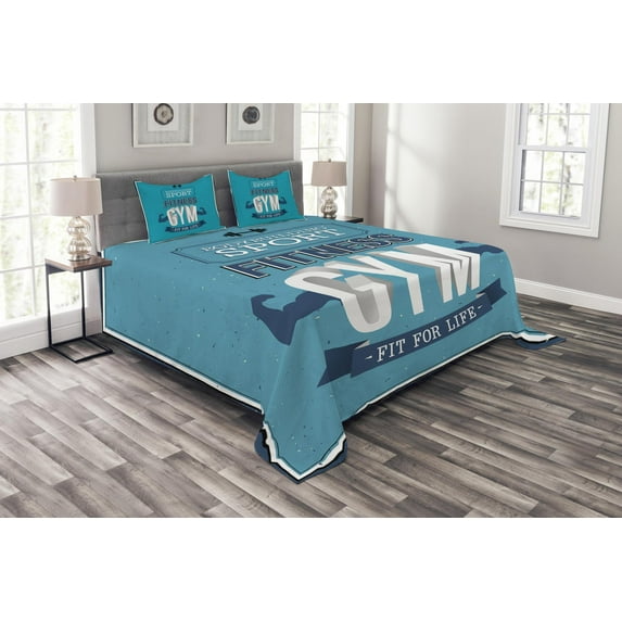 Ambesonne Fitness Quilted Bedspread Set 3 Pcs, Fit Life Bodybuilding, Queen Size, Blue Dark Blue White