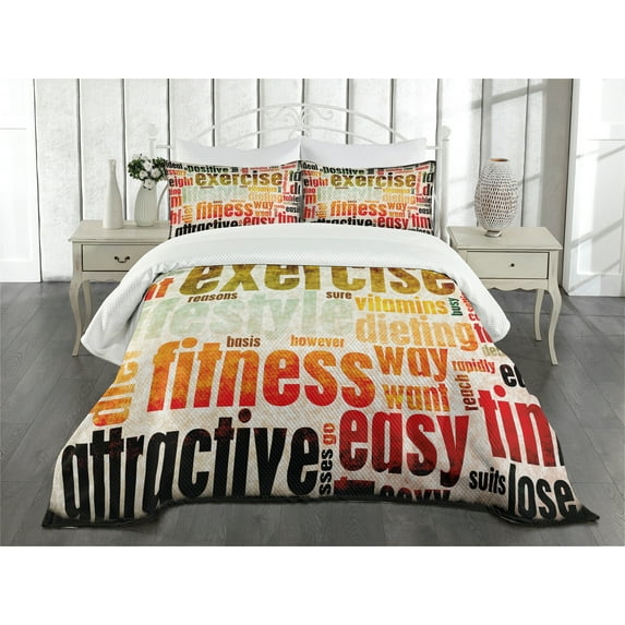 Ambesonne Fitness Quilted Bedspread Set 3 Pcs, Grunge Frame with Words, Queen Size, Multicolor