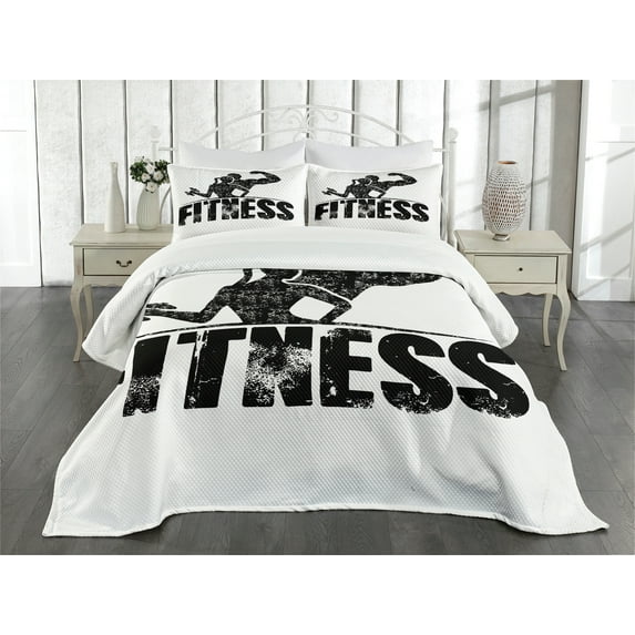 Ambesonne Fitness Quilted Bedspread Set 3 Pcs, Grunge Strong Man Woman, Queen Size, Black and White