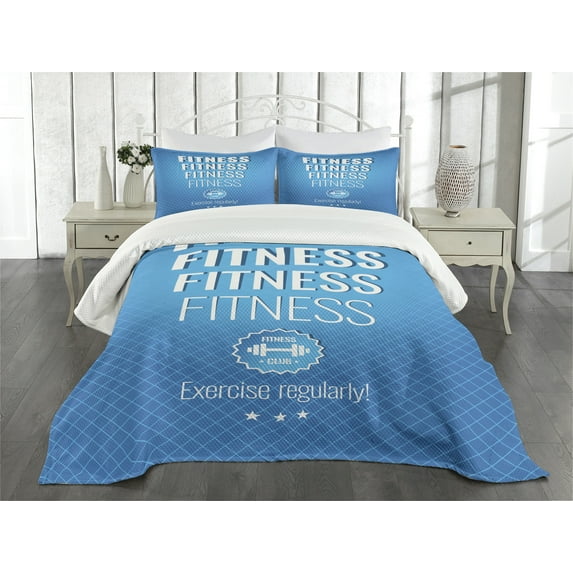 Ambesonne Fitness Quilted Bedspread Set 3 Pcs, Gym Related Words Checkered, Queen Size, Pale Blue White