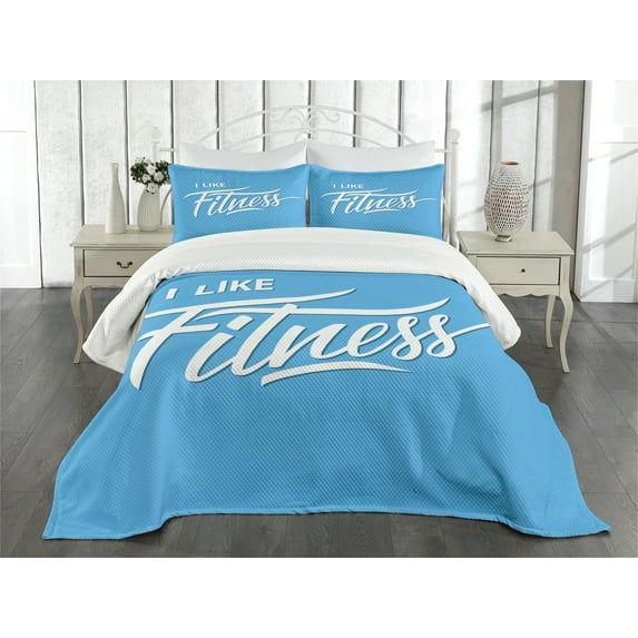 Ambesonne Fitness Quilted Bedspread Set 3 Pcs, I Like Fitness Words, King Size, Pale Blue and White