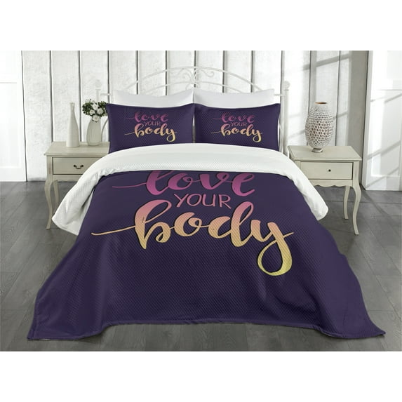 Ambesonne Fitness Quilted Bedspread Set 3 Pcs, Love Your Body Positive, Queen Size, Dark Purple Pink Peach