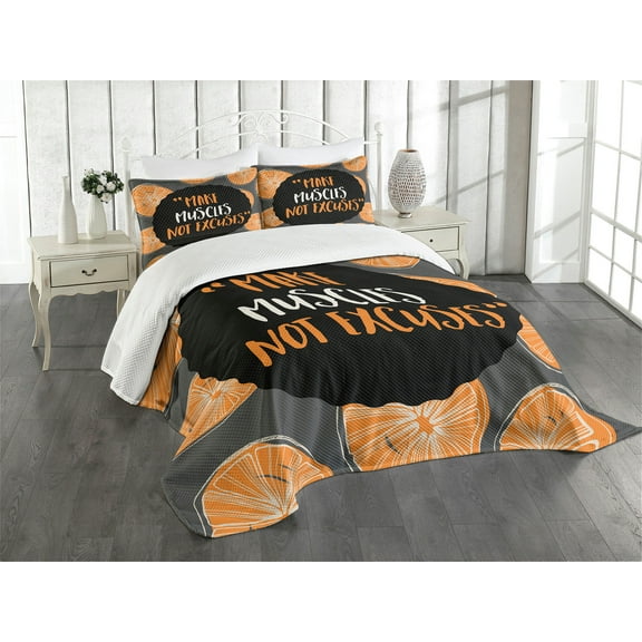 Ambesonne Fitness Quilted Bedspread Set 3 Pcs, Make Muscles, King Size, Charcoal Grey Orange