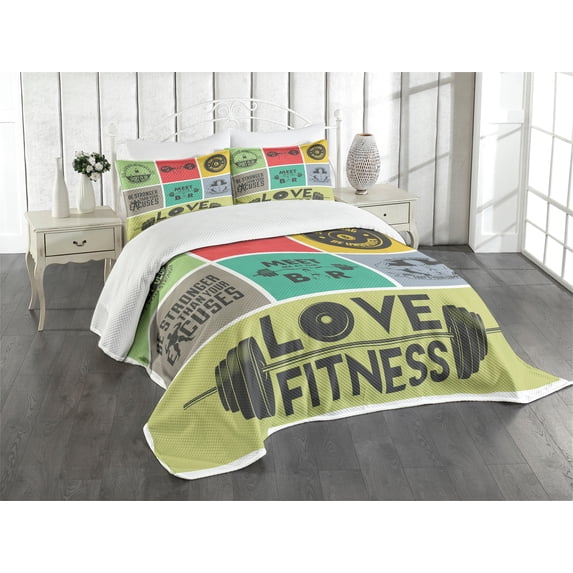 Ambesonne Fitness Quilted Bedspread Set 3 Pcs, Modern Words in Frames Art, Queen Size, Multicolor