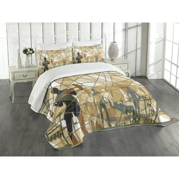 Ambesonne Fitness Quilted Bedspread Set 3 Pcs, Mosaic People in Gym, King Size, Slate Blue Pale Brown