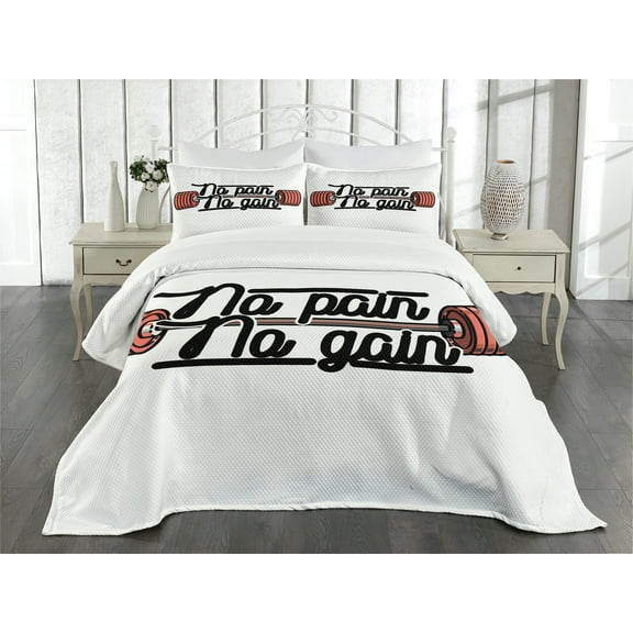 Ambesonne Fitness Quilted Bedspread Set 3 Pcs, No Pain No Gain Sign, King Size, Coral Black White