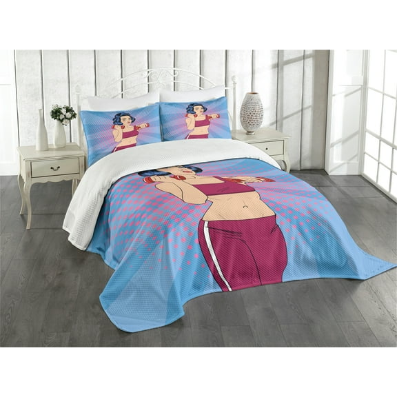 Ambesonne Fitness Quilted Bedspread Set 3 Pcs, Pop Art Woman Vitality, Queen Size, Multicolor