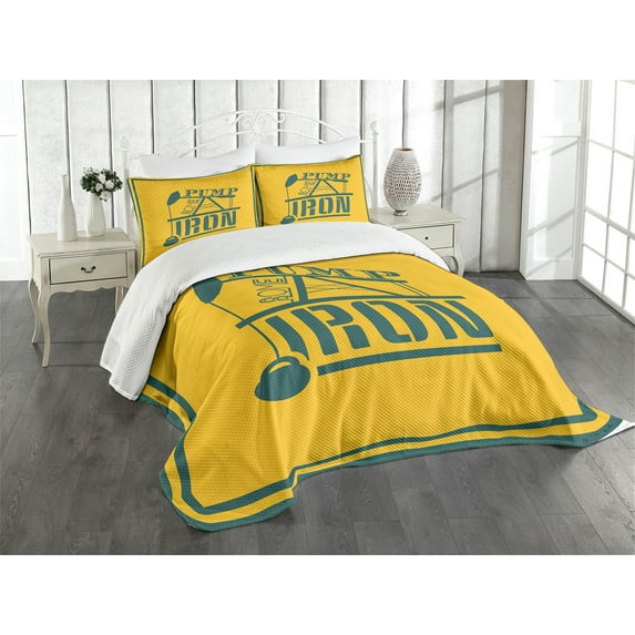Ambesonne Fitness Quilted Bedspread Set 3 Pcs, Pump Some Iron Vintage, Queen Size, Petrol Blue Marigold