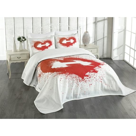 Ambesonne Fitness Quilted Bedspread Set 3 Pcs, Red Heart Dumbbell Art, King Size, Red and White
