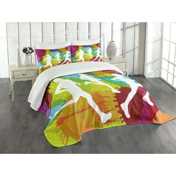 Ambesonne Fitness Quilted Bedspread Set 3 Pcs, Runners in Watercolors, King Size, Multicolor