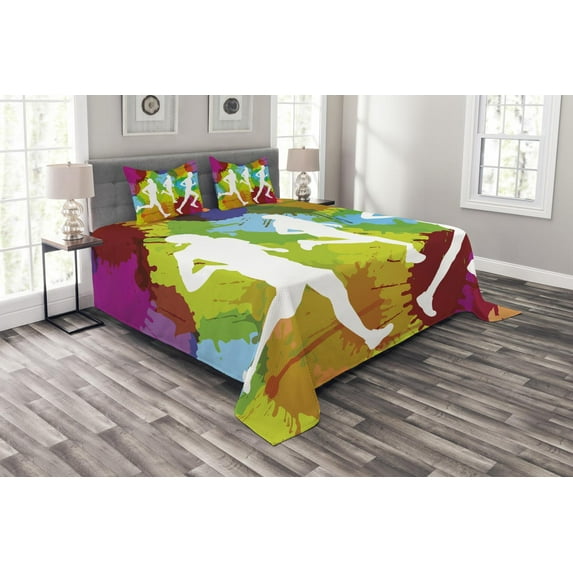 Ambesonne Fitness Quilted Bedspread Set 3 Pcs, Runners in Watercolors, Queen Size, Multicolor
