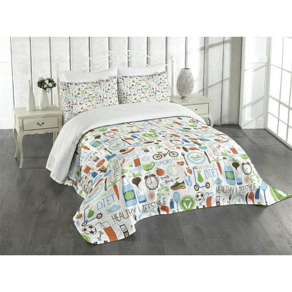 Ambesonne Fitness Quilted Bedspread Set 3 Pcs, Sports Racket Water Bike, King Size, Multicolor