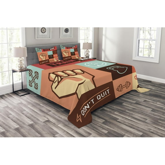 Ambesonne Fitness Quilted Bedspread Set 3 Pcs, Training Achievement, Queen Size, Multicolor