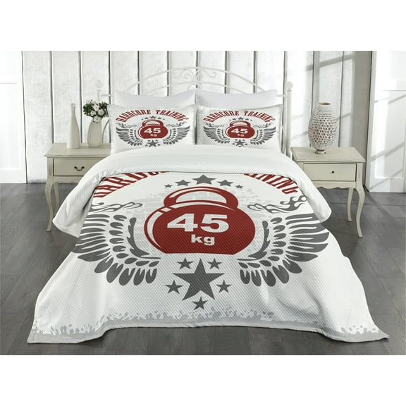 Ambesonne Fitness Quilted Bedspread Set 3 Pcs, Vintage Gym Emblem, King Size, Red White Grey