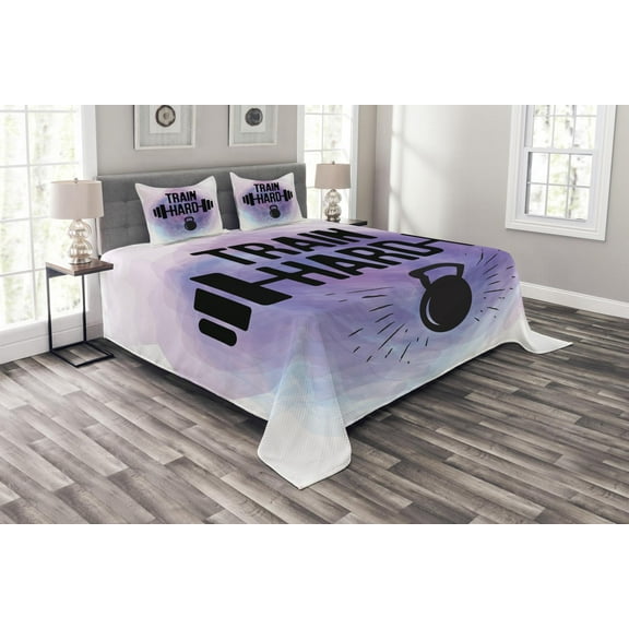 Ambesonne Fitness Quilted Bedspread Set 3 Pcs, Watercolors Train Hard, King Size, Lavender Pale Blue Black
