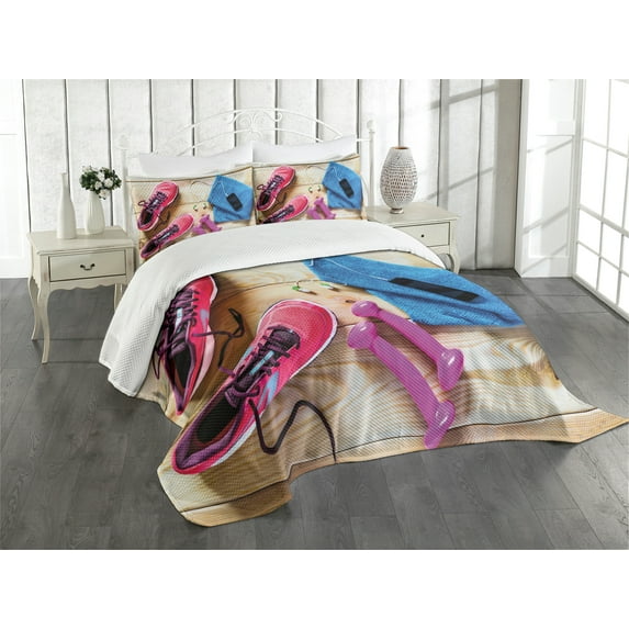 Ambesonne Fitness Quilted Bedspread Set 3 Pcs, Women's Gym Equipment, King Size, Multicolor
