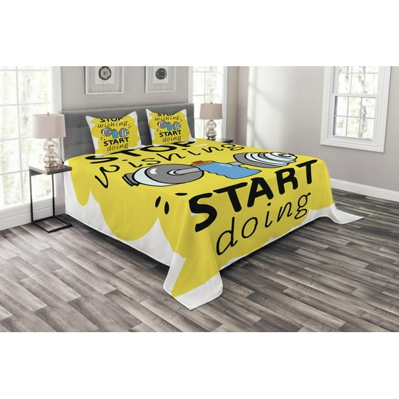 Ambesonne Fitness Quilted Bedspread Set 3 Pcs, Words Doodle, Queen Size, Multicolor