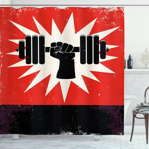 Ambesonne Fitness Shower Curtain, Grunge Dumbbell Lift, 69"Wx75"L, Vermilion Black Cream