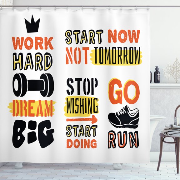 Ambesonne Fitness Shower Curtain, Positive Words, 69"Wx75"L, Orange Yellow Black