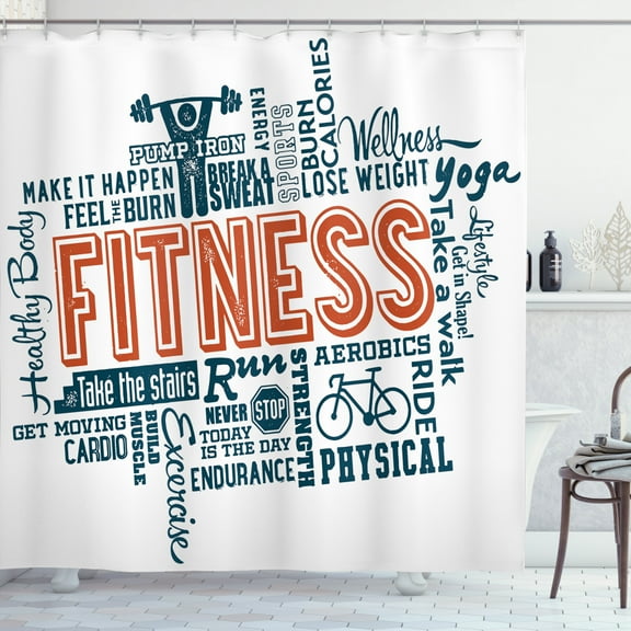 Ambesonne Fitness Shower Curtain, Retro Words Lifestyle, 69"Wx70"L, Dark Blue Orange and White