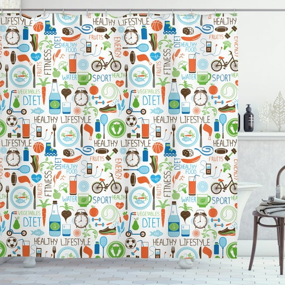 Ambesonne Fitness Shower Curtain, Sports Diet Vitality, 69"Wx70"L, Multicolor