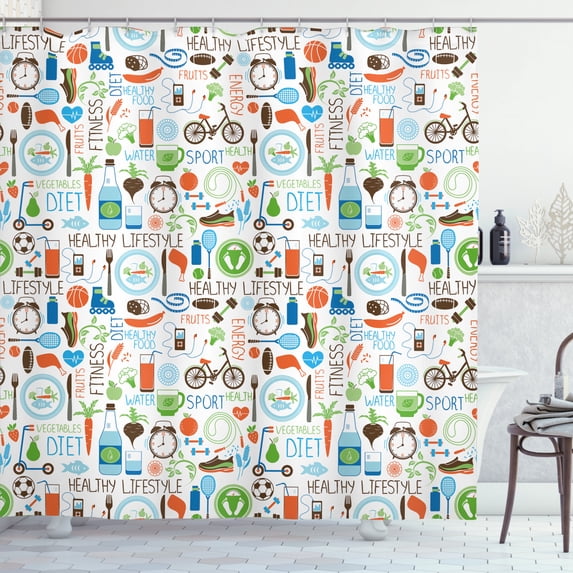 Ambesonne Fitness Shower Curtain, Sports Diet Vitality, 69"Wx75"L, Multicolor