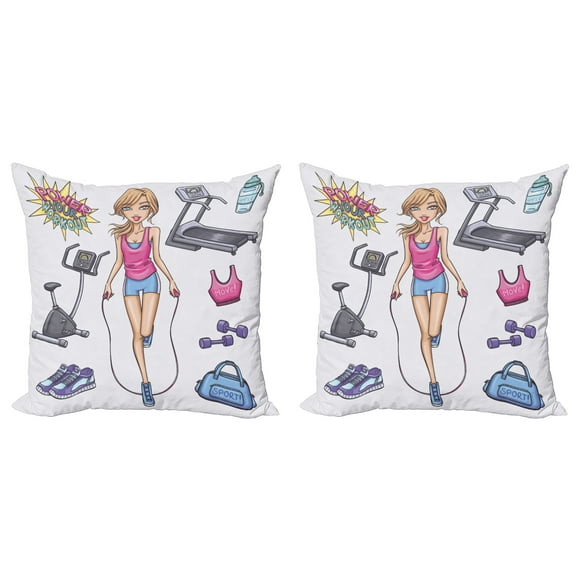 Ambesonne Fitness Throw Pillow Cover 2 Pack, Cartoon Girl Work, 20", Multicolor
