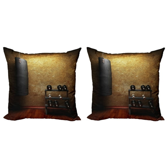 Ambesonne Fitness Throw Pillow Cover 2 Pack, Gym Room and Dumbbells, 18", Black Redwood Pale Brown