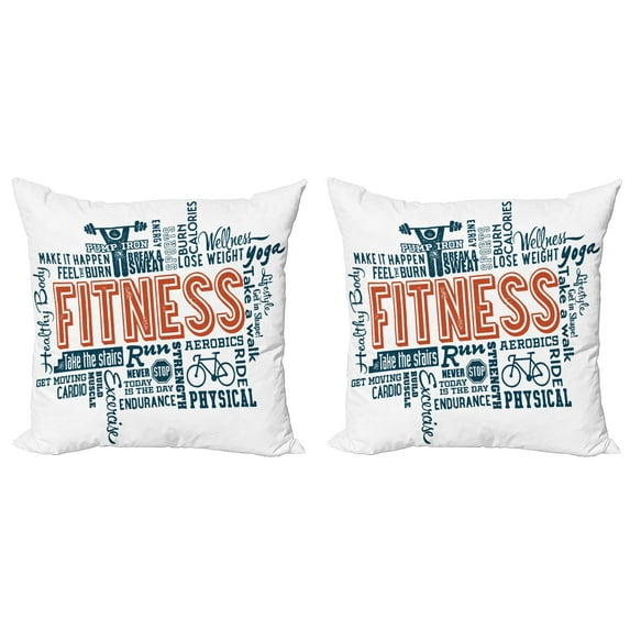 Ambesonne Fitness Throw Pillow Cover 2 Pack, Retro Words Lifestyle, 24", Dark Blue Orange and White