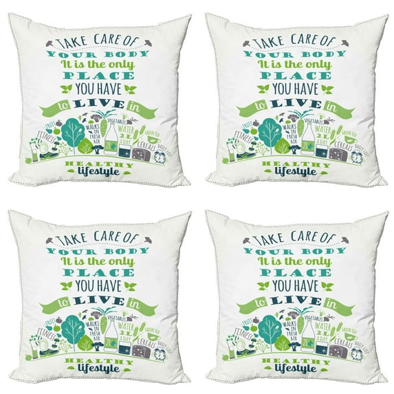Ambesonne Fitness Throw Pillow Cover 4 Pack, Body is Only Place to Live, 20", Multicolor