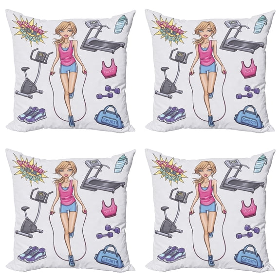 Ambesonne Fitness Throw Pillow Cover 4 Pack, Cartoon Girl Work, 20", Multicolor