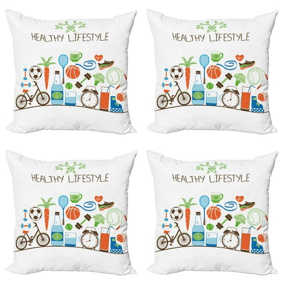 Ambesonne Fitness Throw Pillow Cover 4 Pack, Colorful Wellness Themed, 20", Multicolor