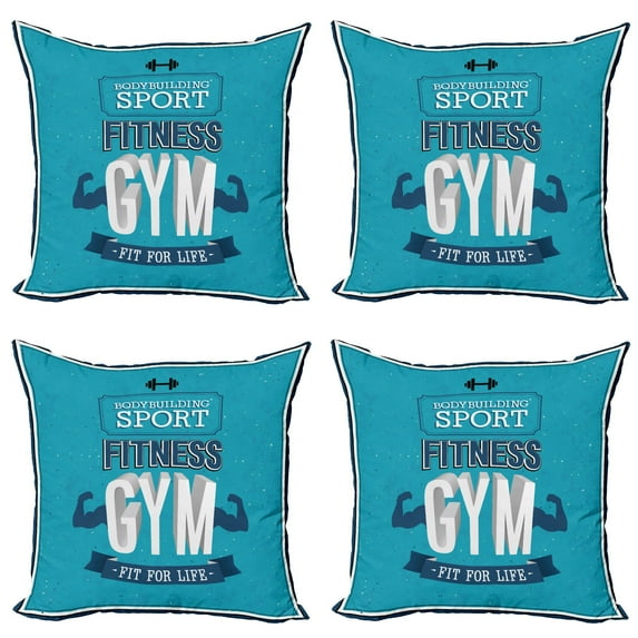 Ambesonne Fitness Throw Pillow Cover 4 Pack, Fit Life Bodybuilding, 20", Blue Dark Blue White
