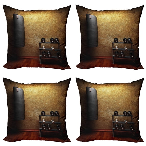 Ambesonne Fitness Throw Pillow Cover 4 Pack, Gym Room and Dumbbells, 20", Black Redwood Pale Brown