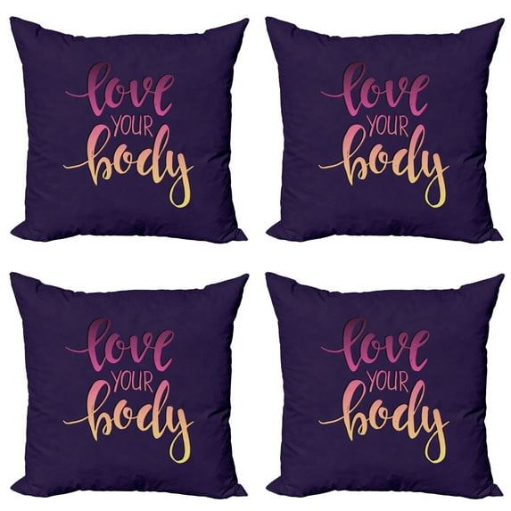 Ambesonne Fitness Throw Pillow Cover 4 Pack, Love Your Body Positive, 18", Dark Purple Pink Peach