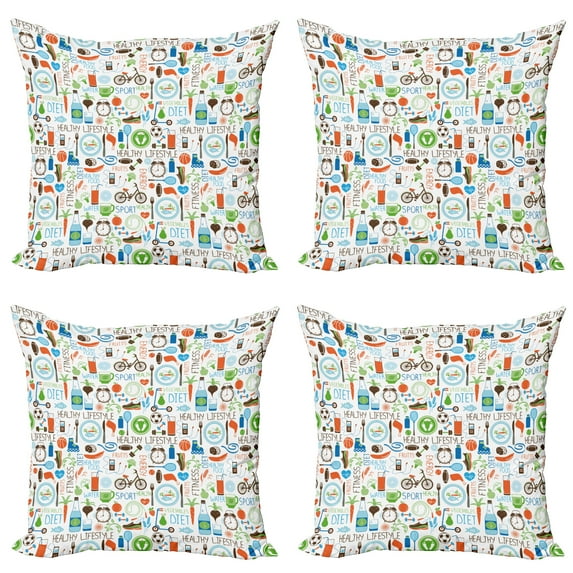 Ambesonne Fitness Throw Pillow Cover 4 Pack, Sports Diet Vitality, 20", Multicolor