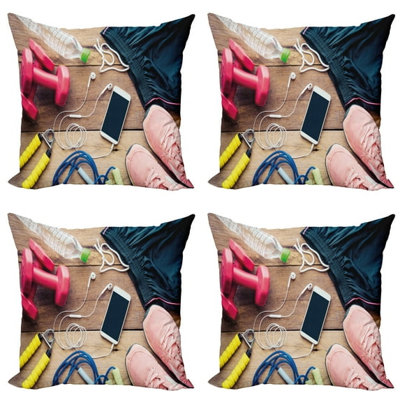 Ambesonne Fitness Throw Pillow Cover 4 Pack, Sportswear Accessories, 18", Multicolor