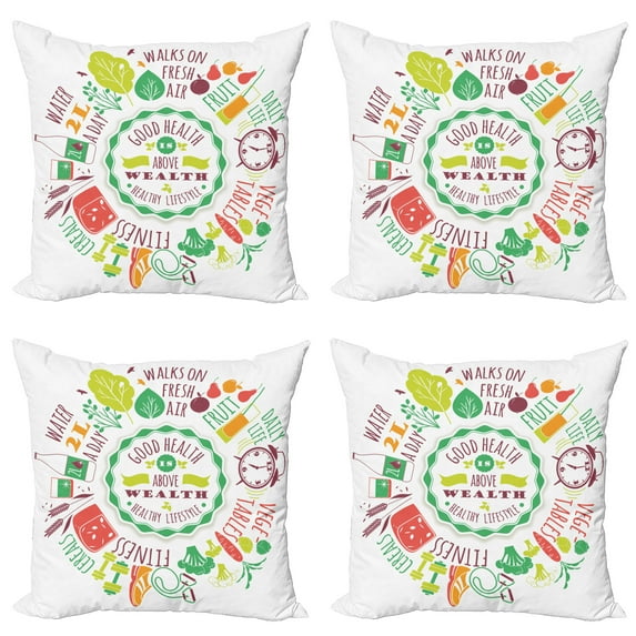 Ambesonne Fitness Throw Pillow Cover 4 Pack, Veggies Exercise and Water, 16", Multicolor