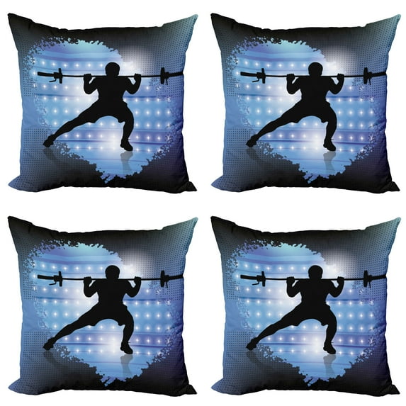 Ambesonne Fitness Throw Pillow Cover 4 Pack, Wightlifter Silhouette, 18", Pale Blue Black White