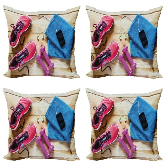 Ambesonne Fitness Throw Pillow Cover 4 Pack, Women's Gym Equipment, 18", Multicolor