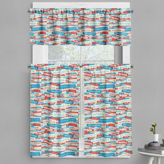 Ambesonne Fitness Valance & Curtain, Jumble Words of Exercise, 55"x45", Ivory Vermilion Blue