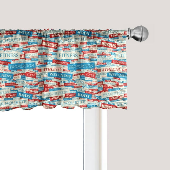 Ambesonne Fitness Window Valance, Jumble Words of Exercise, 54" X 12", Ivory Vermilion Blue