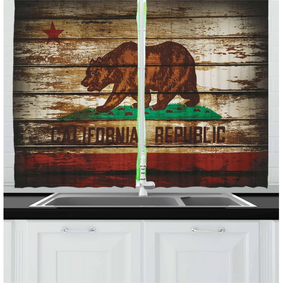 Ambesonne Flag Kitchen Curtains, California Flag Rustic Boards, 55"x39", Vermilion Brown