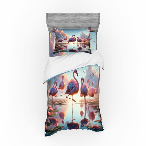 Ambesonne Flamingo Bedding Set 3 Pcs, Blush Atmosphere Birds, Twin, Pale Pink Soft Blue