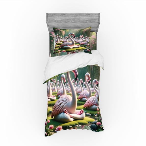 Ambesonne Flamingo Bedding Set 3 Pcs, Serene Birds Nature Scene, TwinXL, Soft Pink and Lime Green