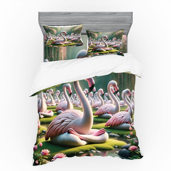 Ambesonne Flamingo Bedding Set 4 Pcs, Serene Birds Nature Scene, King, Soft Pink and Lime Green