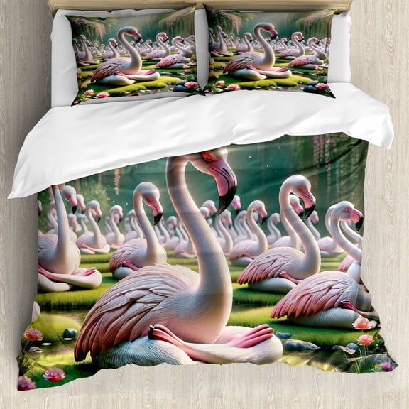 Ambesonne Flamingo Duvet Cover Set, Serene Birds Nature Scene, Calking, Soft Pink and Lime Green
