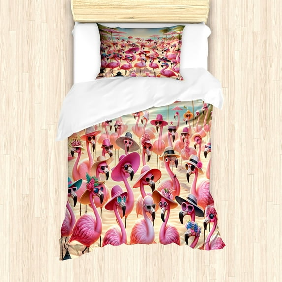 Ambesonne Flamingo Duvet Cover Set, Tropical Birds Funny Beach, Twin, Pink Beige and Pale Sky Blue