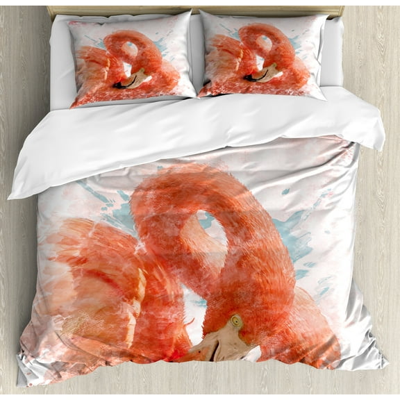 Ambesonne Flamingo Duvet Cover Sets, Exotic Bird Watercolor, 2-King, Orange White