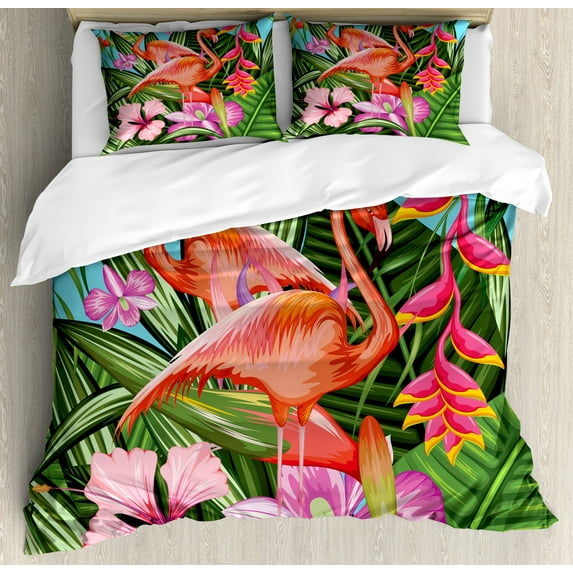 Ambesonne Flamingo Duvet Cover Sets, Hibiscus Tropic Flower, 2-King, Green Pink Blue